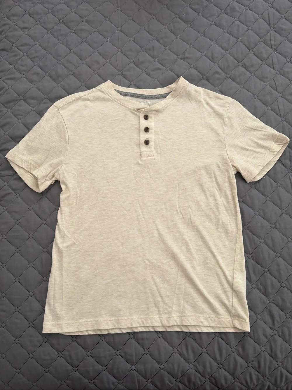 Beige Short Sleeve Henley Tee with Button Placket